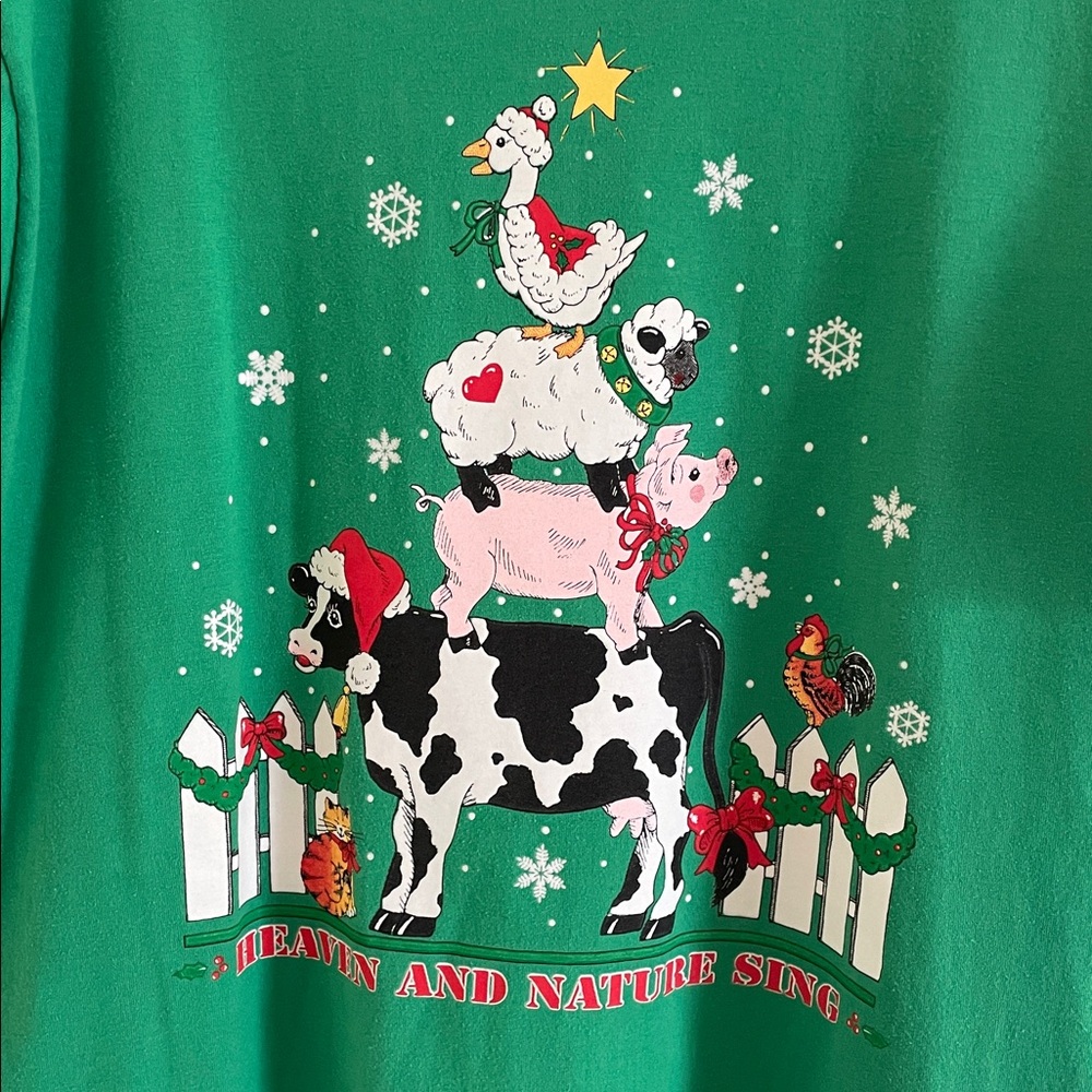 JERZEES CHRISTMAS FARM ANIMAL STACK TEE SHIRT Size L “HEAVEN and NATURE SING” - Picture 5 of 10